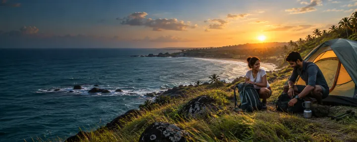 A travelling couple preparing camping gear above Sri Lanka’s southern coast at sunrise