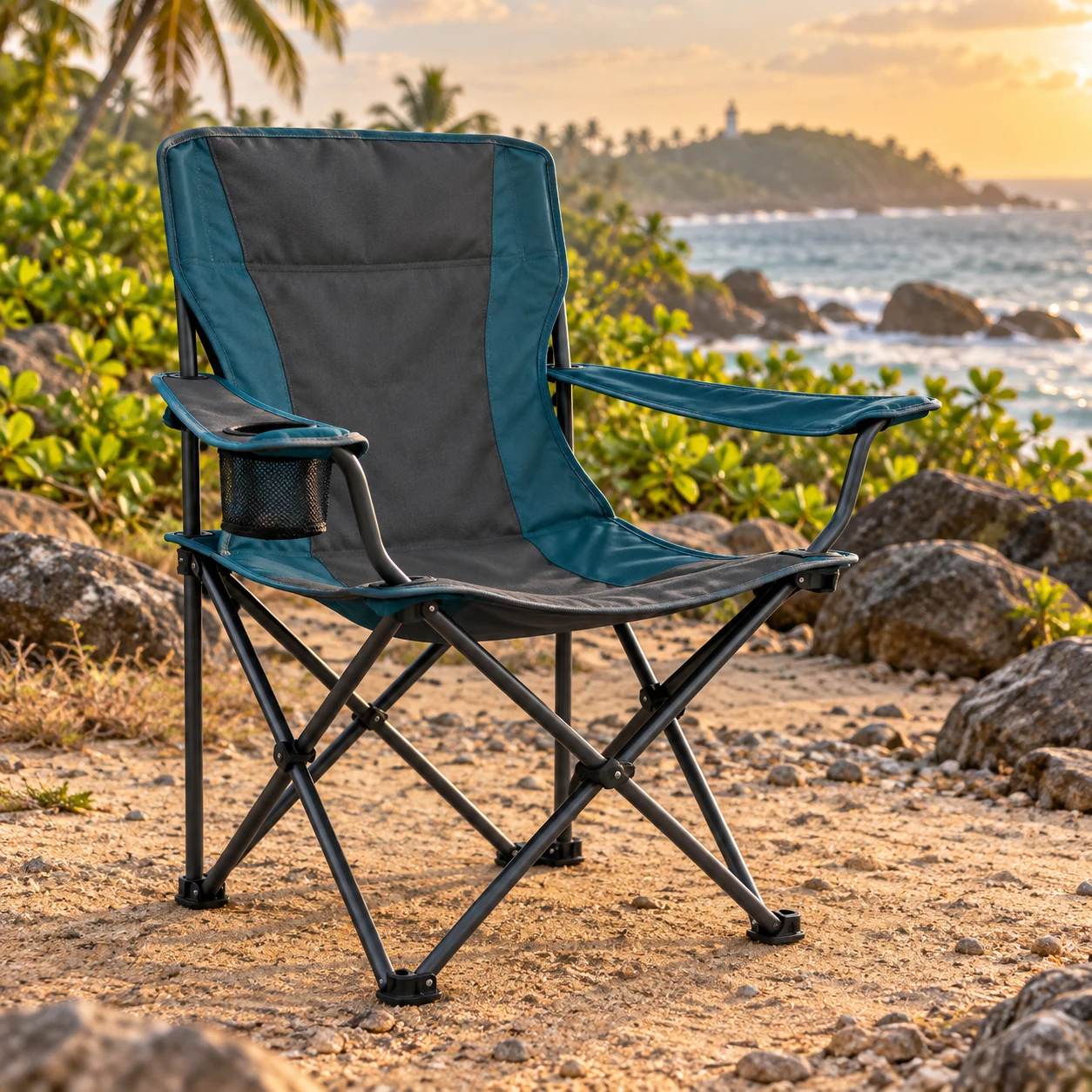 A teal and charcoal folding camping chair near Sri Lanka’s coast