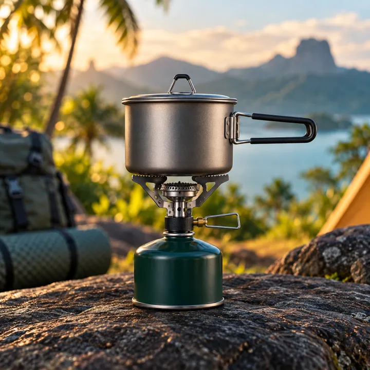 A compact camp stove and cooking pot arranged at a tropical campsite