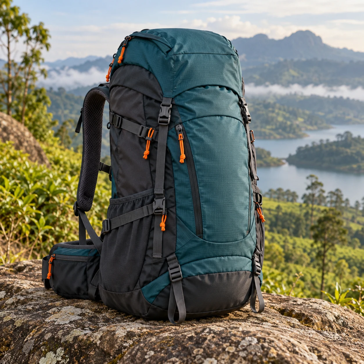 A teal 45 litre trail backpack overlooking Sri Lanka’s highlands
